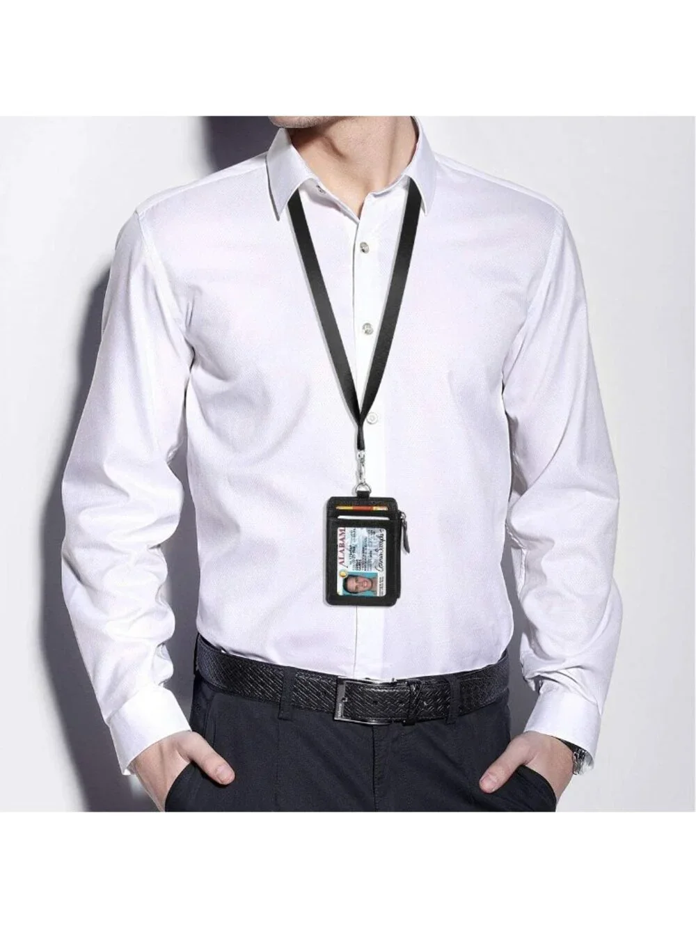 Genuine Leather RFID Badge Holder Wallet with Zipper & Swivel Hook Lanyard